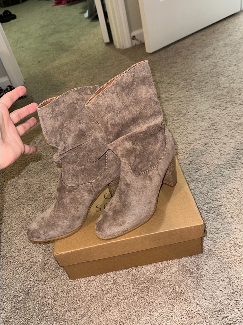 Suede Slouchy Ankle Booties in Taupe
